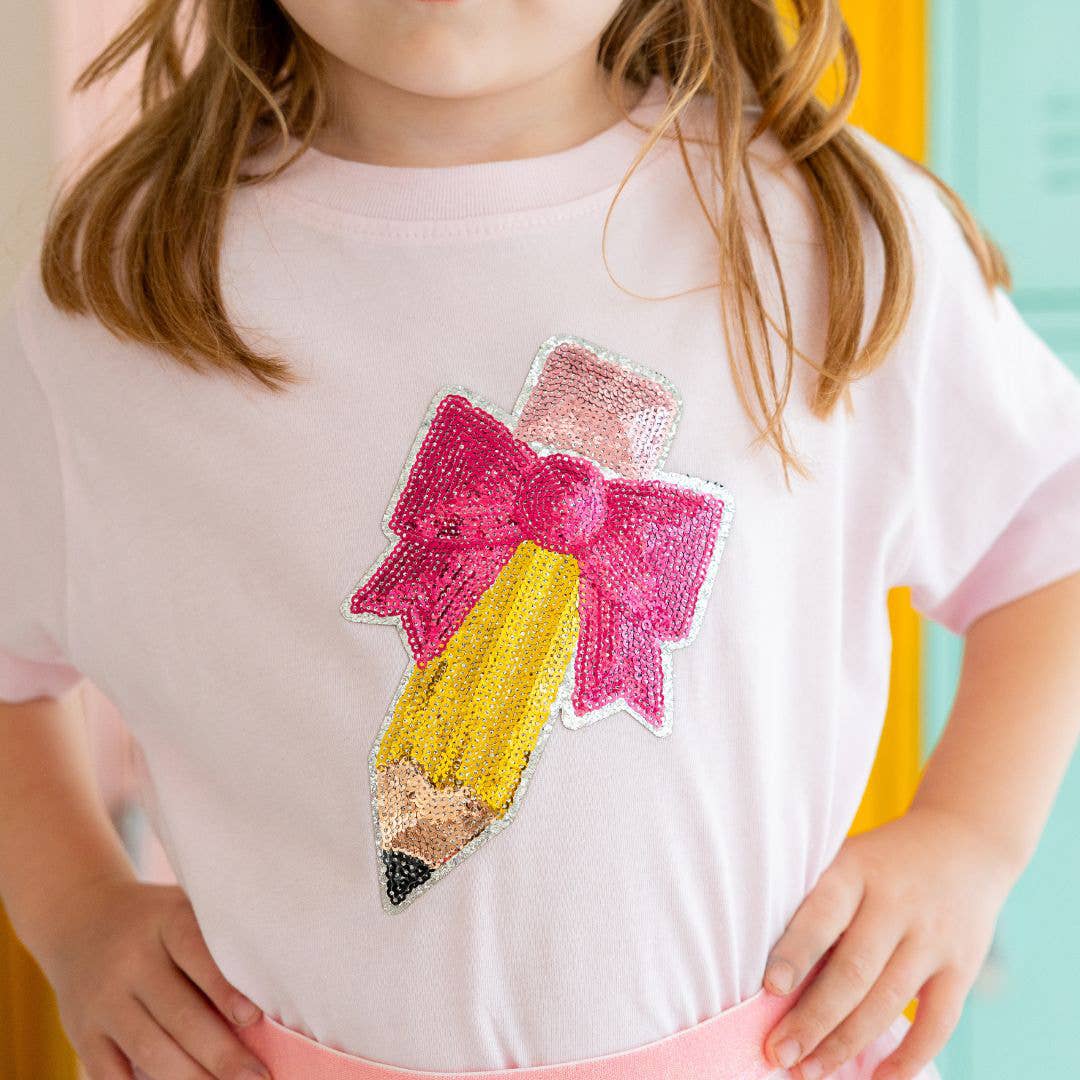 Pencil Bow Sequin Patch Short Sleeve T-Shirt - Girls Clothes: 7/8Y