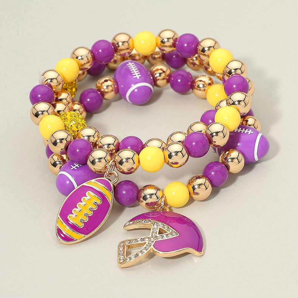 3PCS - Game Day Football Helmet Charm Beaded Stretch Multi Layered Bracelets: Burgundy,Gold,White