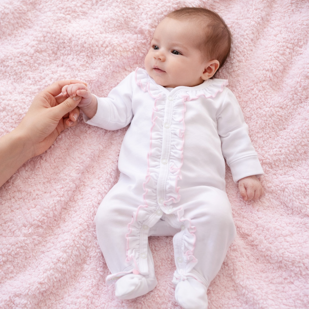 Magnolia Baby White Ruffle Footie with Pink Trim