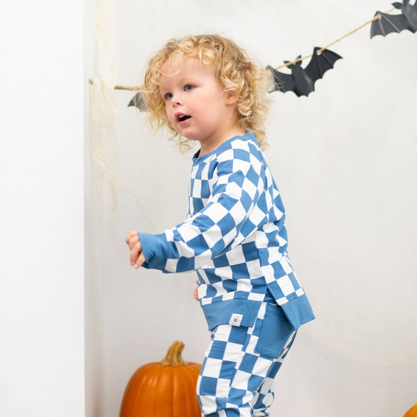 Sweet Bamboo Checker Moody Blue Crew Neck Jogger Set