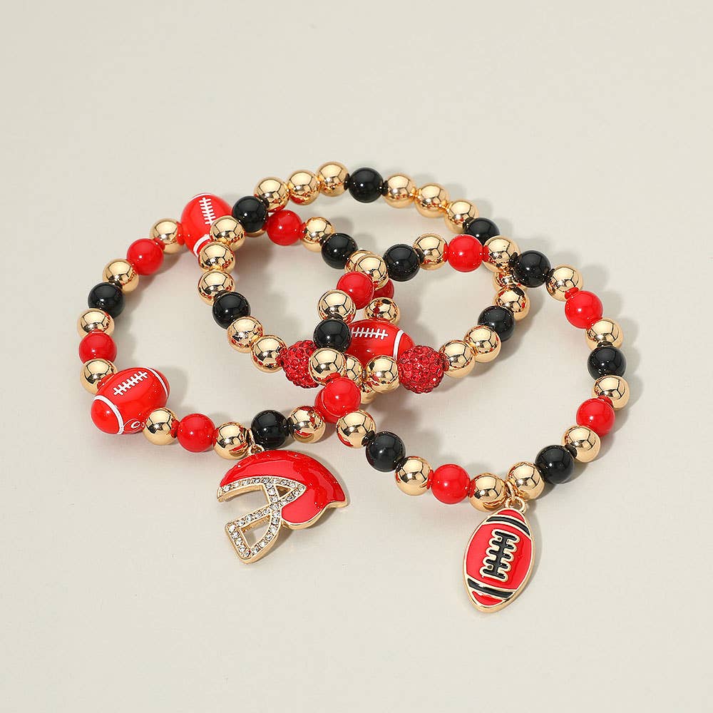 3PCS - Game Day Football Helmet Charm Beaded Stretch Multi Layered Bracelets: Burgundy,Gold,White