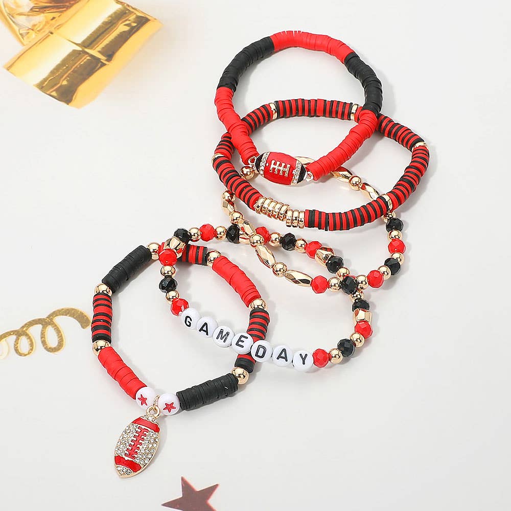 5PCS - GAME DAY Football Charm Heishi Faceted Beaded Stretch Multi Layered Bracelets: Blue,Gold,White