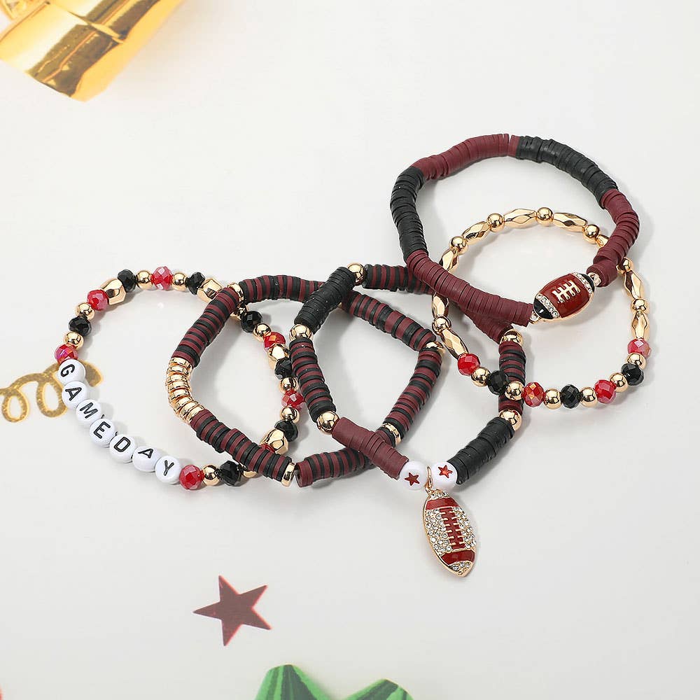 5PCS - GAME DAY Football Charm Heishi Faceted Beaded Stretch Multi Layered Bracelets: Blue,Gold,White