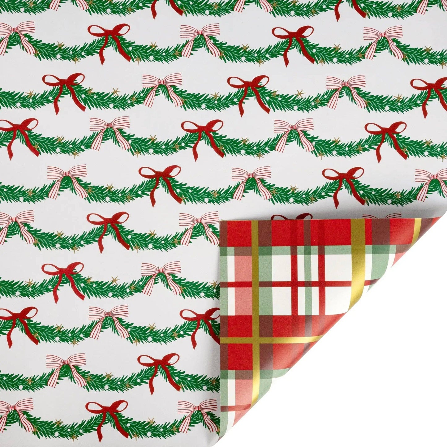 30" x 10' Holiday Reversible Metallic Wrapping Paper | Garland and Bows and Bold Holiday Plaid