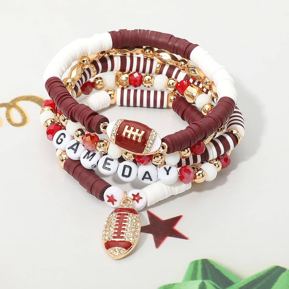 5PCS - GAME DAY Football Charm Heishi Faceted Beaded Stretch Multi Layered Bracelets: Blue,Gold,White
