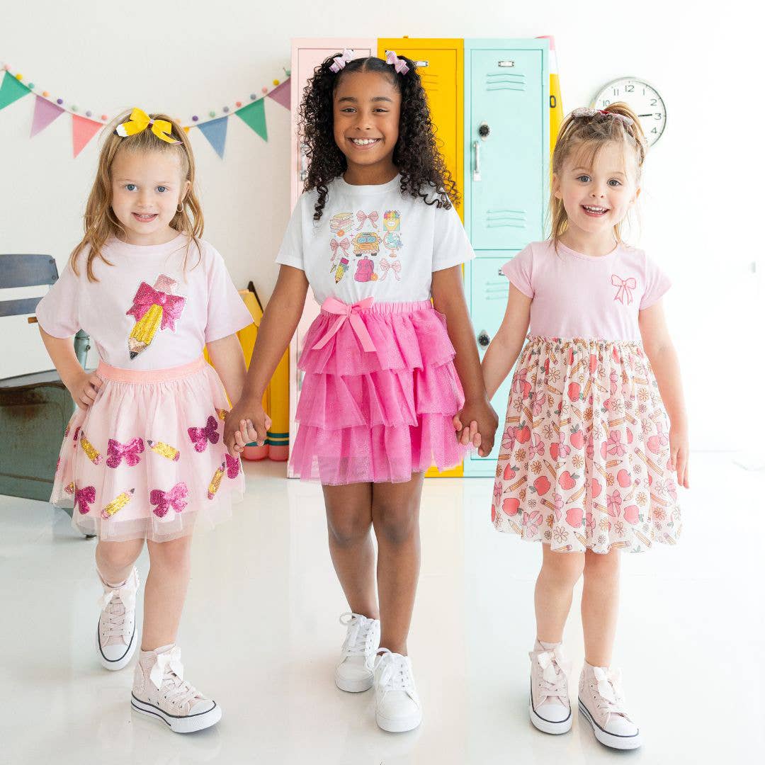 Pencil Bow Sequin Patch Short Sleeve T-Shirt - Girls Clothes: 7/8Y