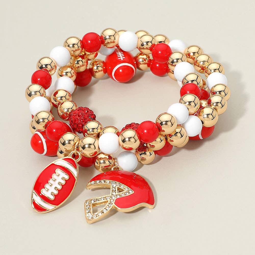 3PCS - Game Day Football Helmet Charm Beaded Stretch Multi Layered Bracelets: Burgundy,Gold,White