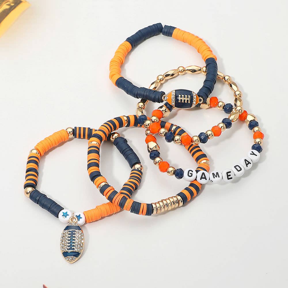 5PCS - GAME DAY Football Charm Heishi Faceted Beaded Stretch Multi Layered Bracelets: Blue,Gold,White