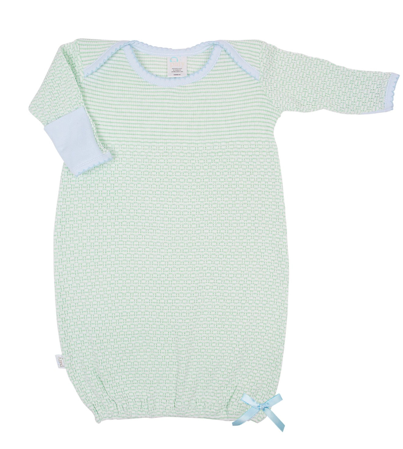 Paty Knit Solid Color Overlap Shoulder Gown with Pima Trim - Mint with Blue Trim