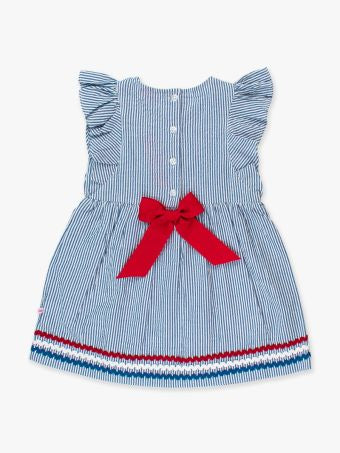Classic Blue Seersucker Woven Butterfly Sleeve Bow Skirted Romper