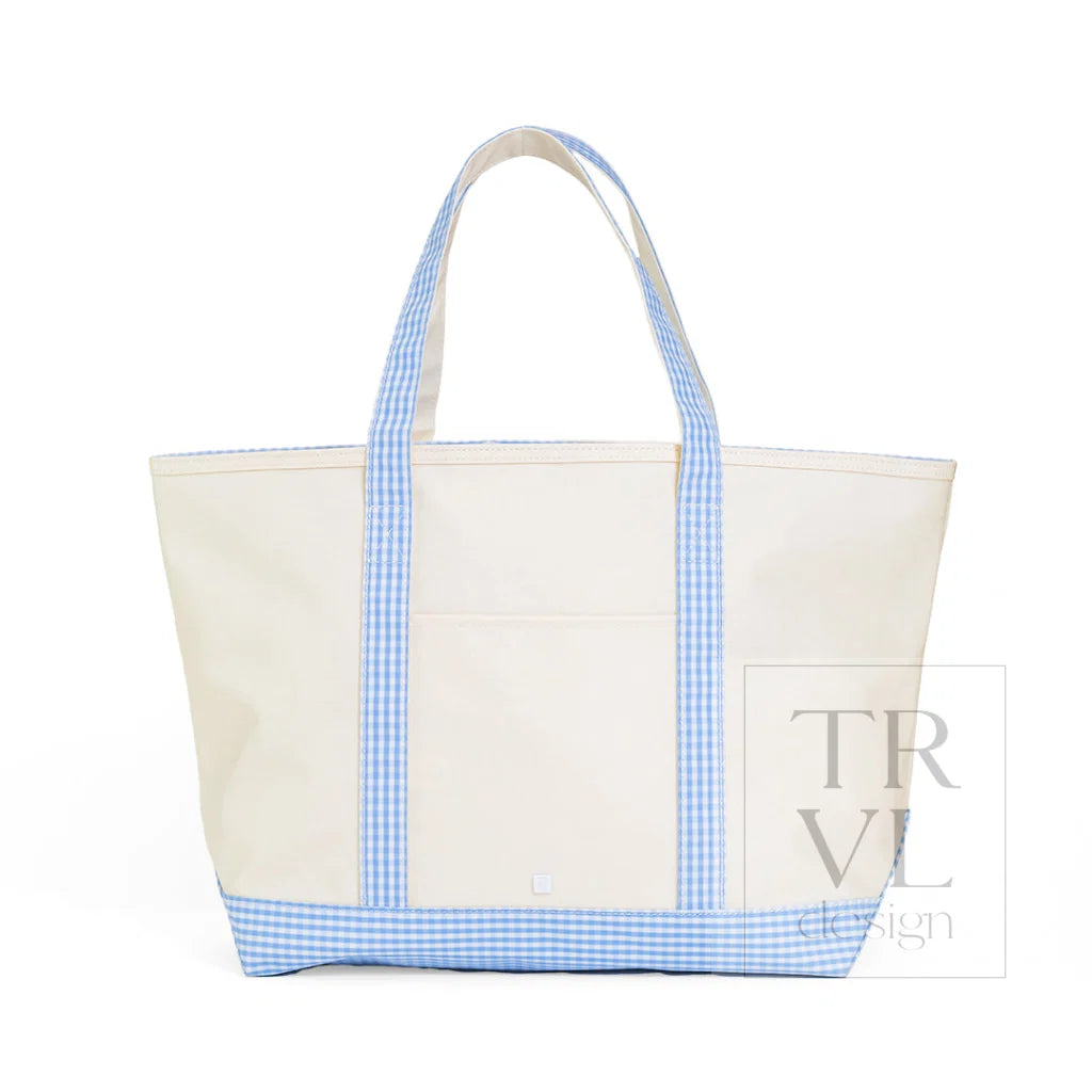 TRVL Design Maxi Tote- COATED CANVAS NATURAL WITH SKY TRIM