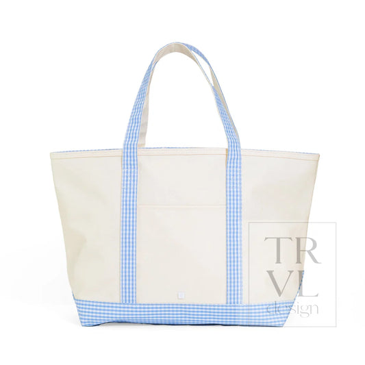 TRVL Design Maxi Tote- COATED CANVAS NATURAL WITH SKY TRIM