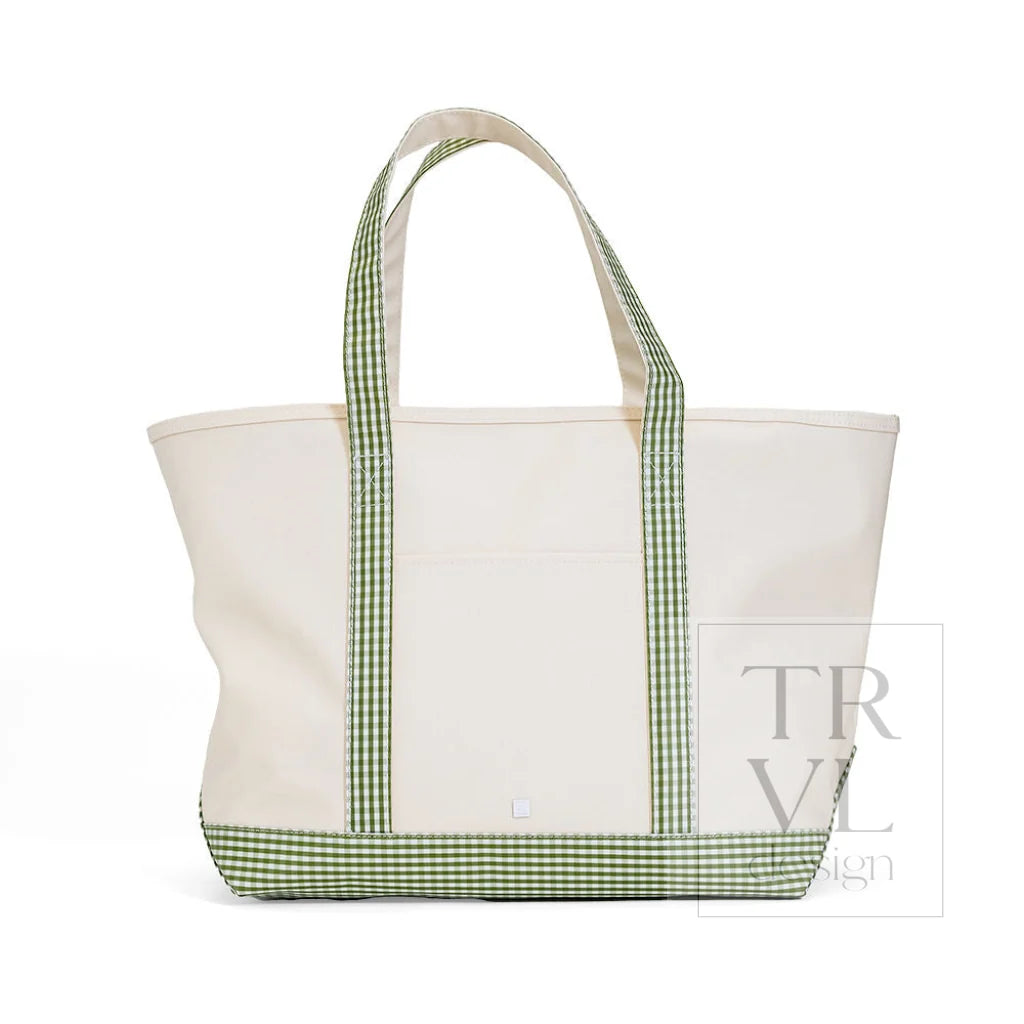 TRVL Design Maxi Tote- COATED CANVAS LARGE NATURAL WITH GINGHAM MOSS TRIM