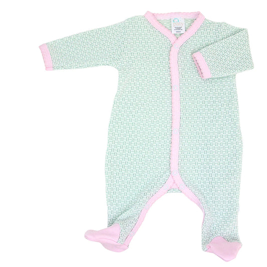Paty Knit Solid Color Footie with Pima Trim - Mint with Pink Trim