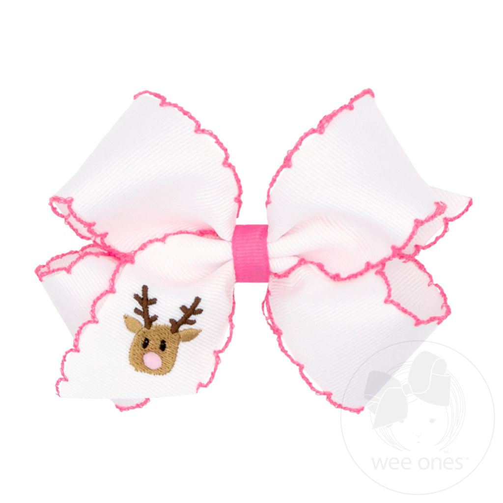 Wee Ones Medium Moonstitch Pink Reindeer Embroidered Hair Bow