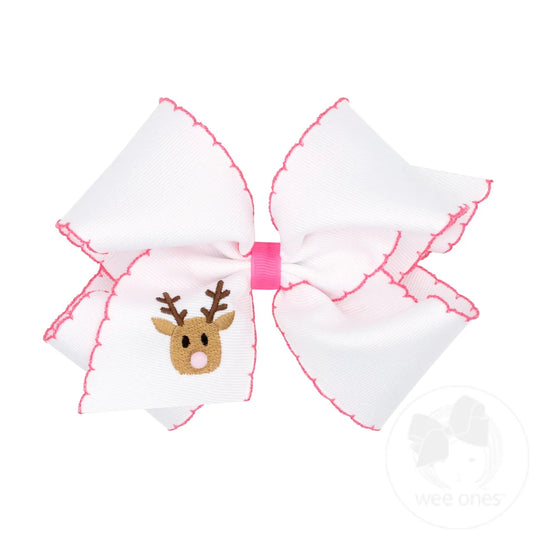 Wee Ones King Moonstitch Pink Reindeer Embroidery Hair Bow