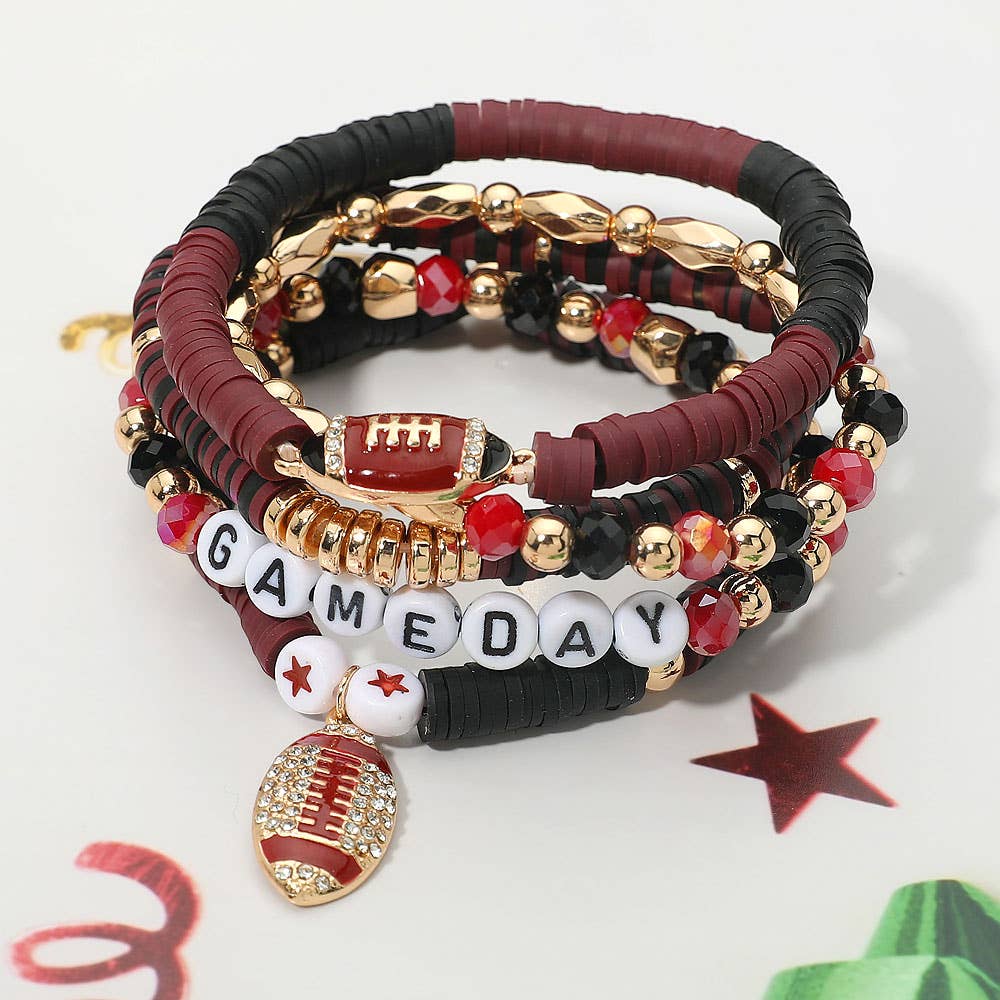 5PCS - GAME DAY Football Charm Heishi Faceted Beaded Stretch Multi Layered Bracelets: Blue,Gold,White