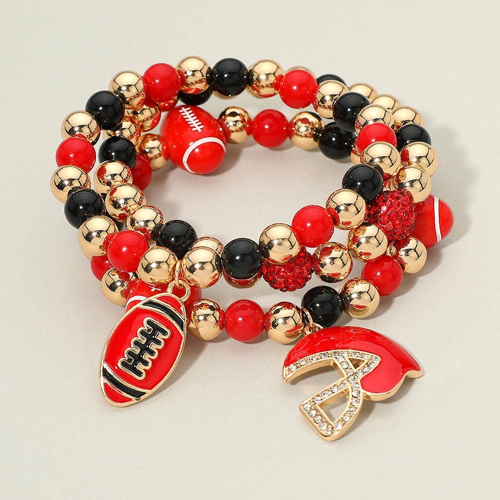 3PCS - Game Day Football Helmet Charm Beaded Stretch Multi Layered Bracelets: Burgundy,Gold,White