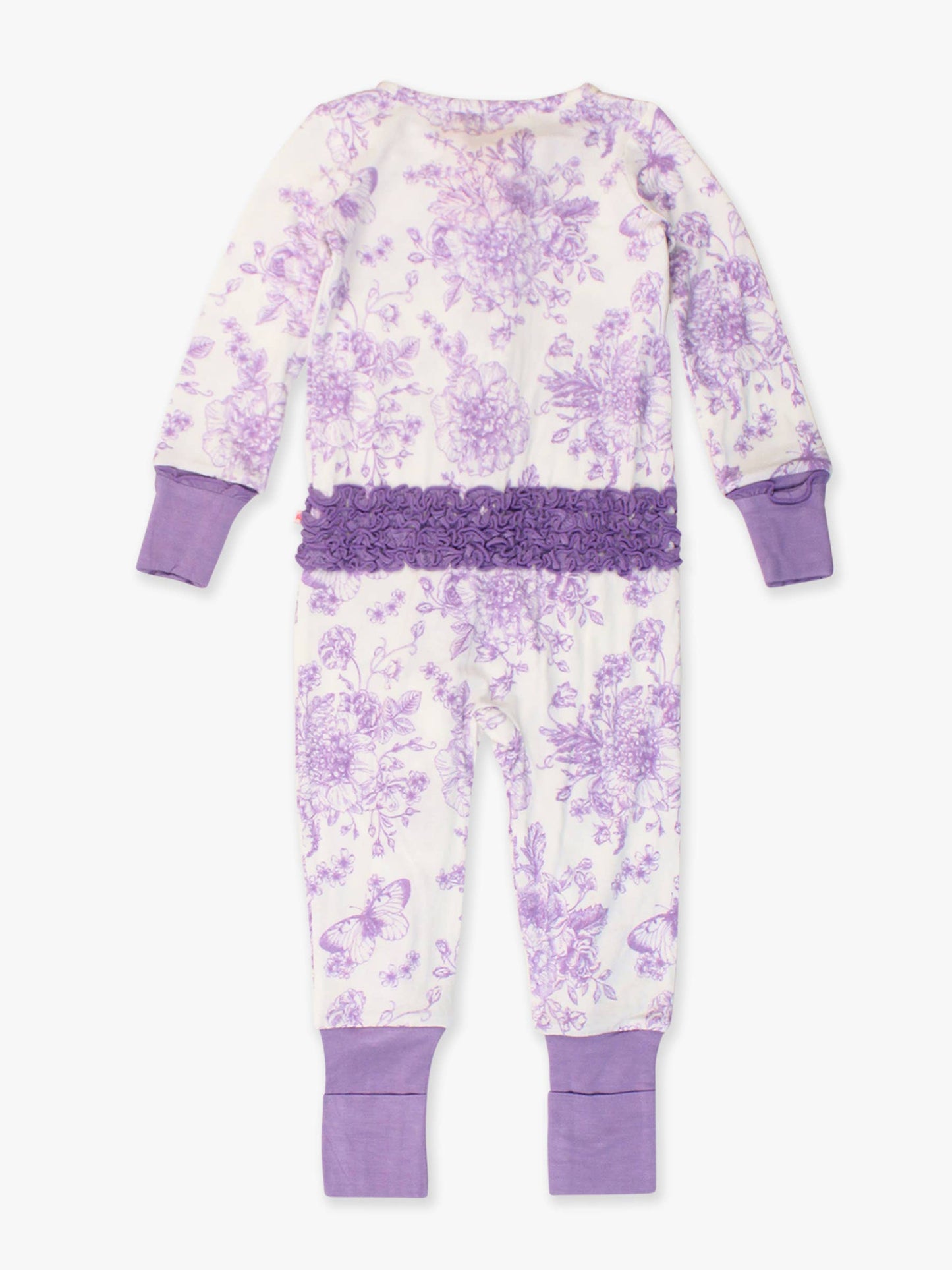 SoftSnooze™ Baby Girls Bamboo Viscose Wisteria Purple Butterfly Garden Toile Convertible Ruffle One Piece Footie Pajama: Purple / Newborn