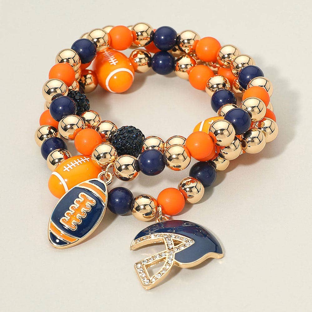 3PCS - Game Day Football Helmet Charm Beaded Stretch Multi Layered Bracelets: Burgundy,Gold,White