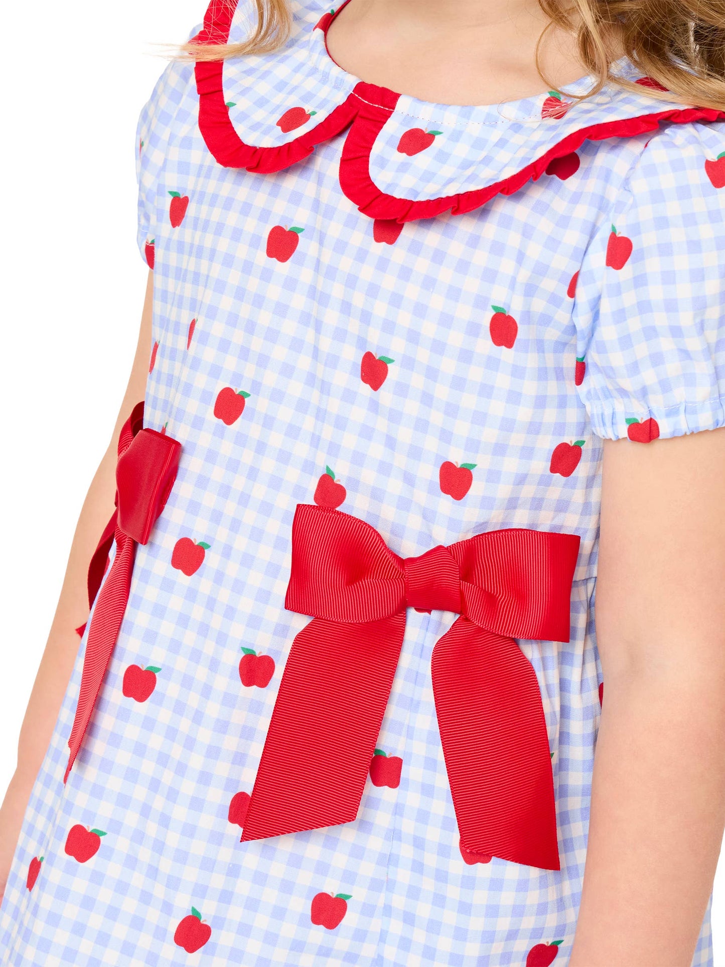 Girls Apple Orchard Gingham Woven Peter Pan Ruffle Bow Short Sleeve Dress: Blue