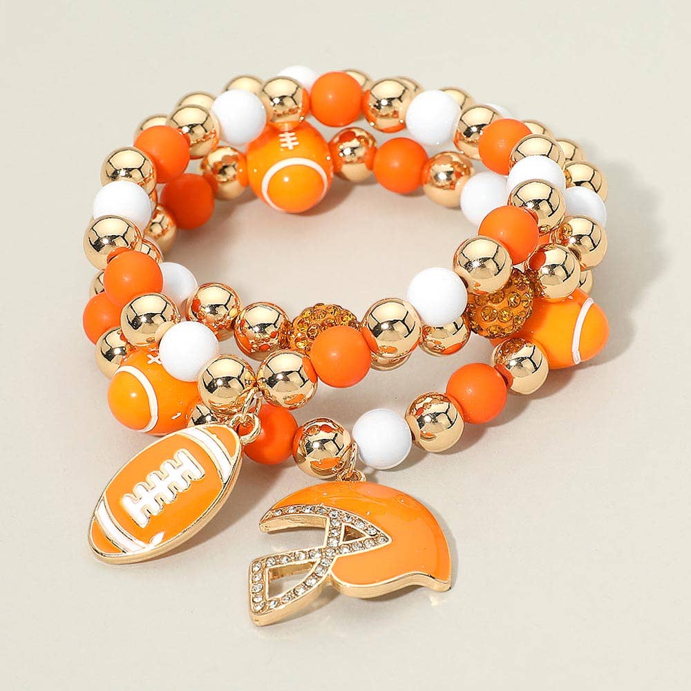 3PCS - Game Day Football Helmet Charm Beaded Stretch Multi Layered Bracelets: Burgundy,Gold,White