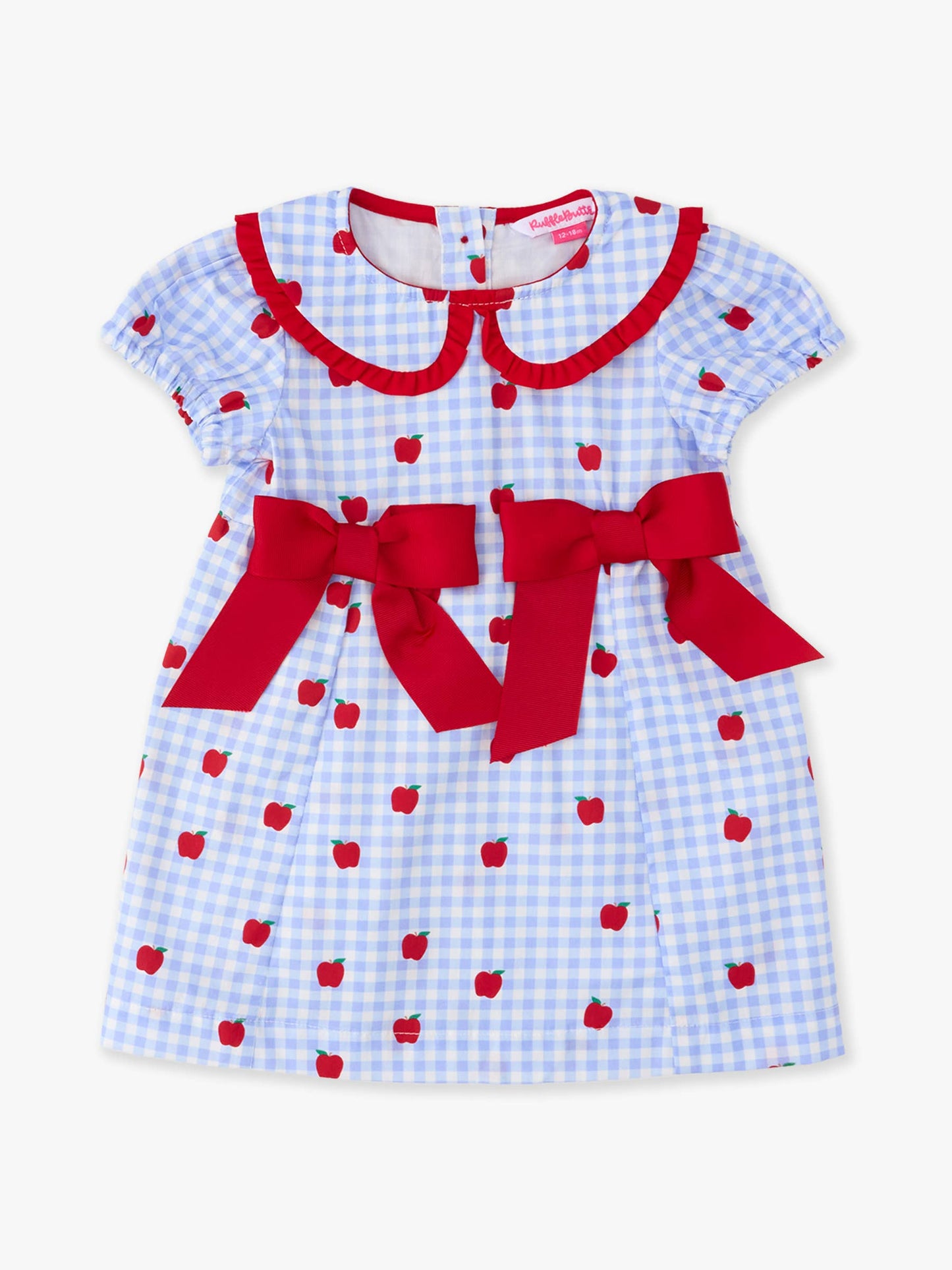Girls Apple Orchard Gingham Woven Peter Pan Ruffle Bow Short Sleeve Dress: Blue
