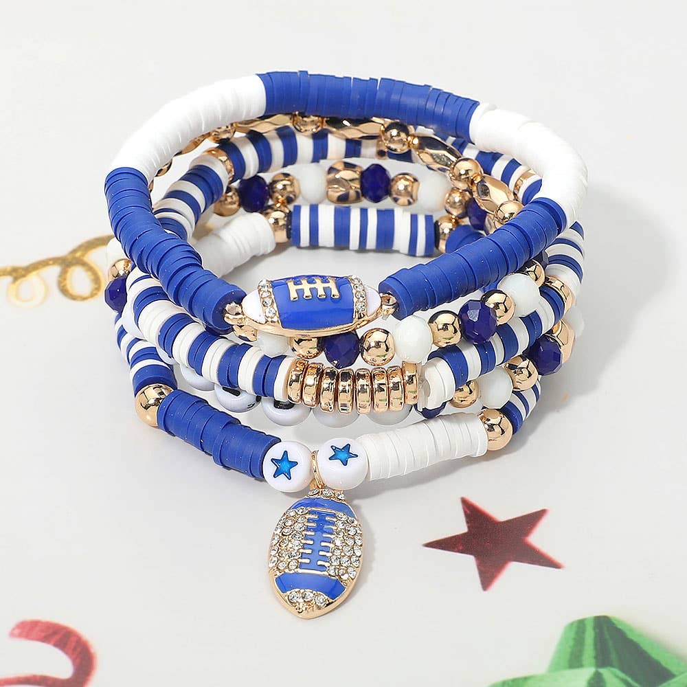 5PCS - GAME DAY Football Charm Heishi Faceted Beaded Stretch Multi Layered Bracelets: Blue,Gold,White
