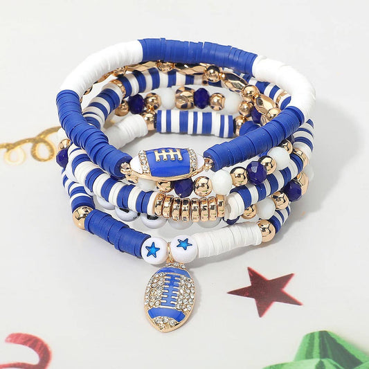 5PCS - GAME DAY Football Charm Heishi Faceted Beaded Stretch Multi Layered Bracelets: Blue,Gold,White