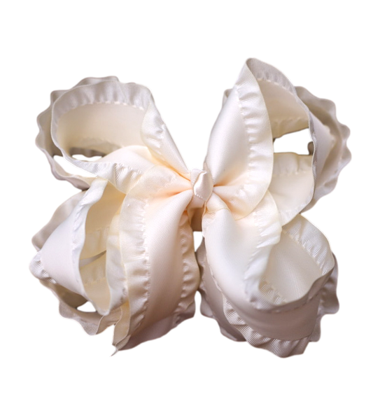 Cream Double Ruffle Hair Bow  : Alligator Clip / 6 inch