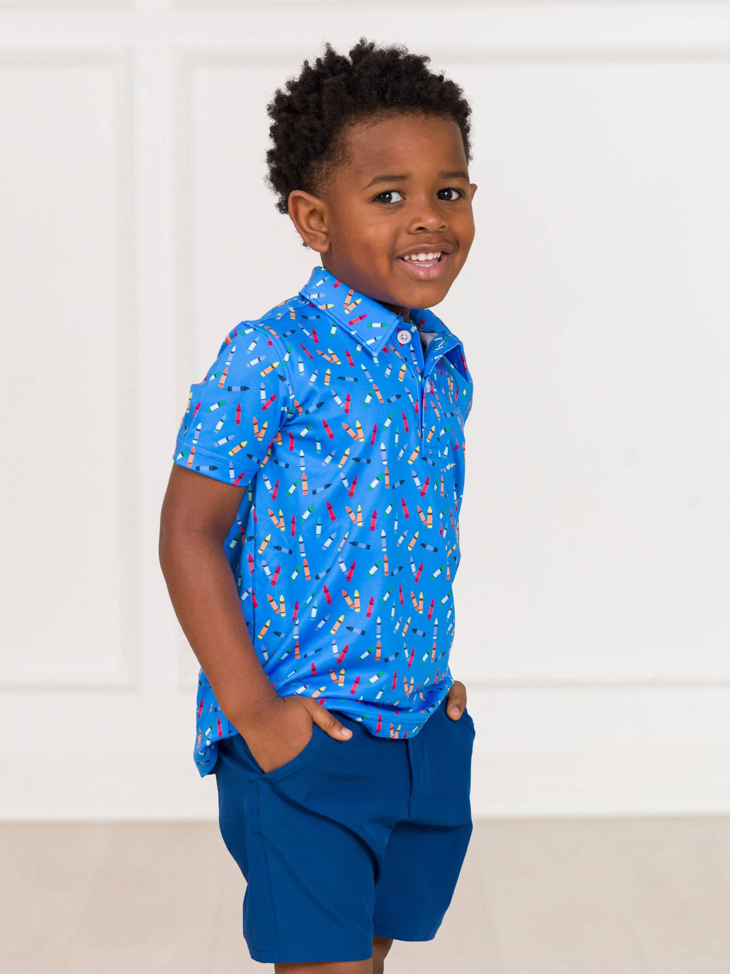Boys Tiny Crayons Knit Short Sleeve Performance Polo: Blue