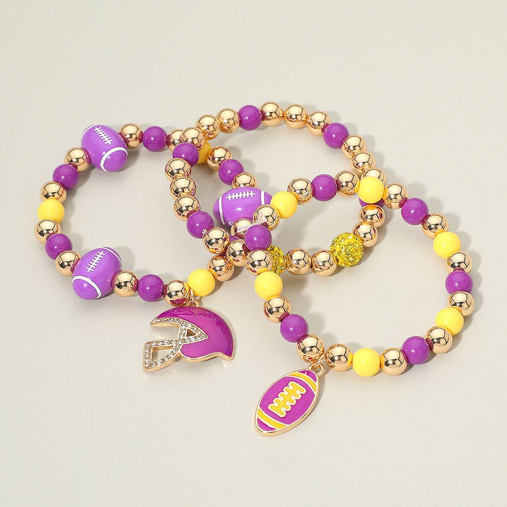 3PCS - Game Day Football Helmet Charm Beaded Stretch Multi Layered Bracelets: Burgundy,Gold,White