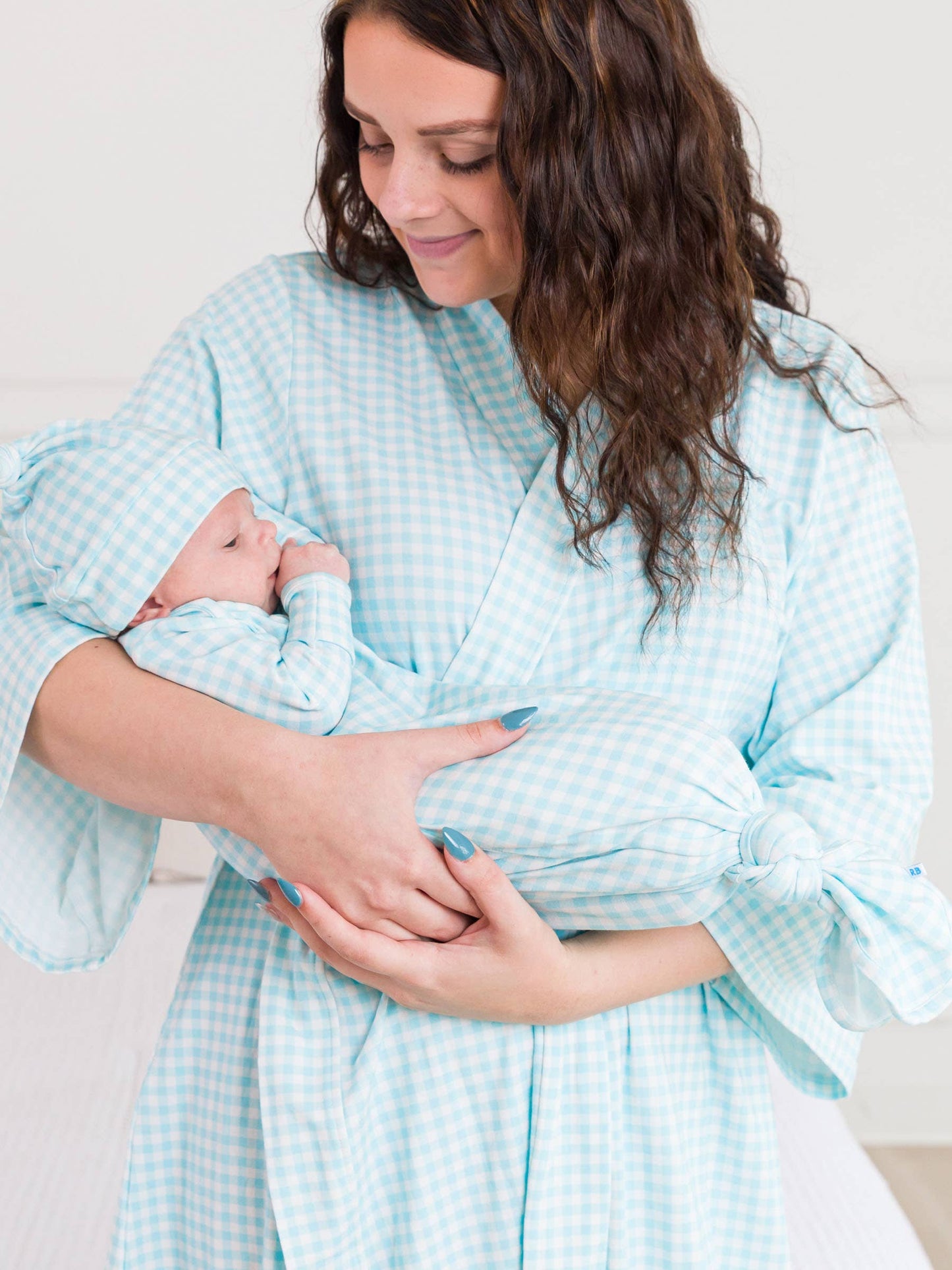 SoftSnooze™ Baby Cotton Modal Blue Breeze Gingham Knotted Sleep Gown & Hat Set: Blue / Newborn-3m