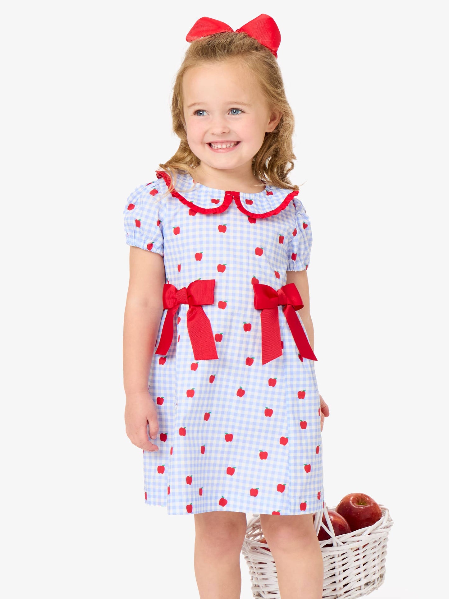 Girls Apple Orchard Gingham Woven Peter Pan Ruffle Bow Short Sleeve Dress: Blue
