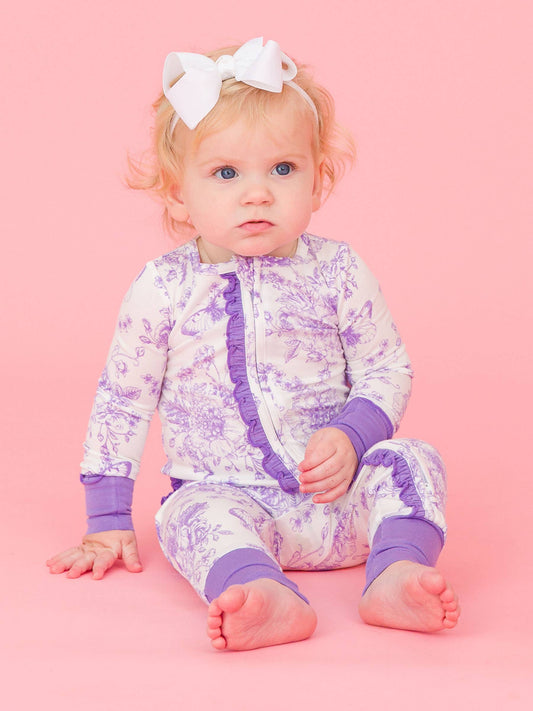 SoftSnooze™ Baby Girls Bamboo Viscose Wisteria Purple Butterfly Garden Toile Convertible Ruffle One Piece Footie Pajama: Purple / Newborn
