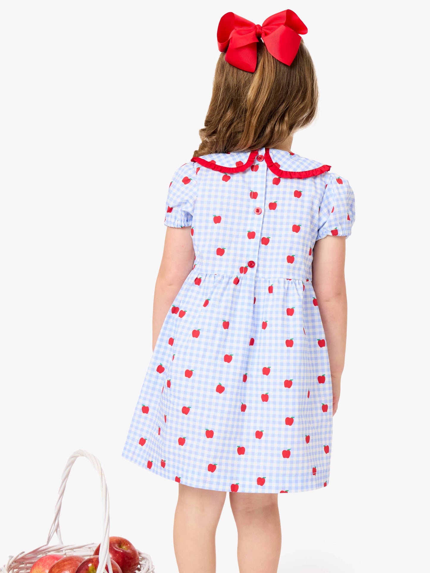 Girls Apple Orchard Gingham Woven Peter Pan Ruffle Bow Short Sleeve Dress: Blue