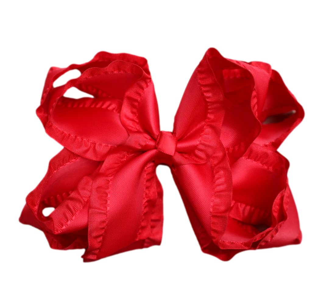 Red Double Ruffle Hair Bow : Nylon Headband / 5 inch