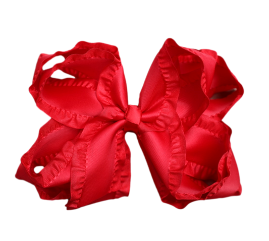 Red Double Ruffle Hair Bow : Nylon Headband / 5 inch