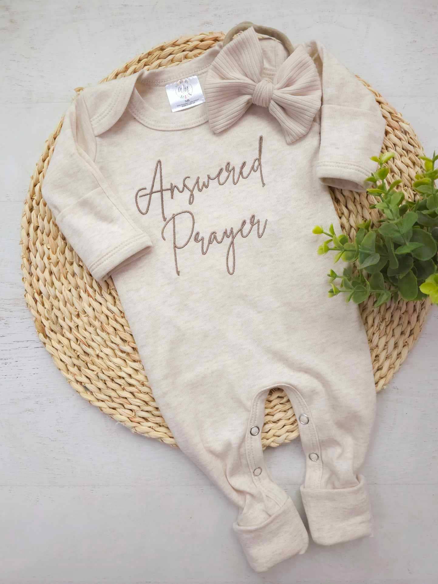 Baby Romper | Answered Prayers Oatmeal Romper and Knotted Hat