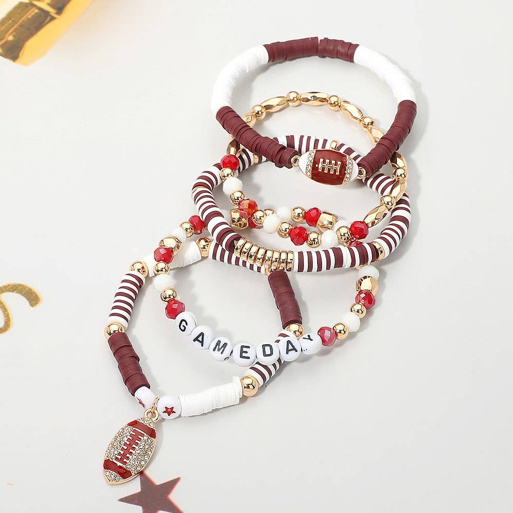 5PCS - GAME DAY Football Charm Heishi Faceted Beaded Stretch Multi Layered Bracelets: Blue,Gold,White