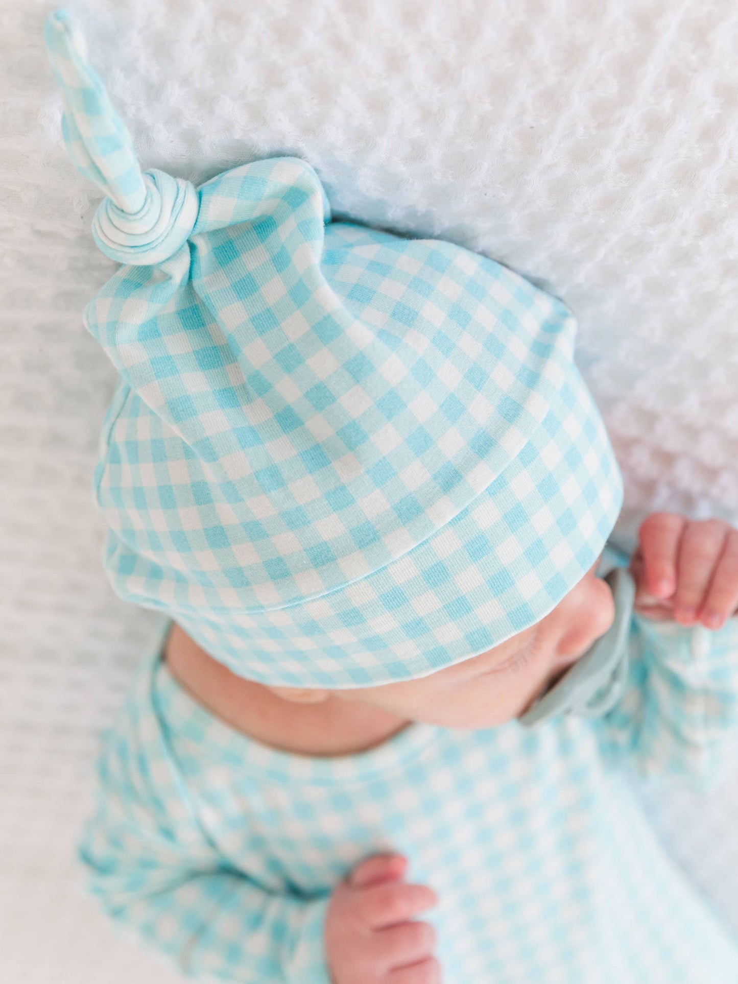 SoftSnooze™ Baby Cotton Modal Blue Breeze Gingham Knotted Sleep Gown & Hat Set: Blue / Newborn-3m
