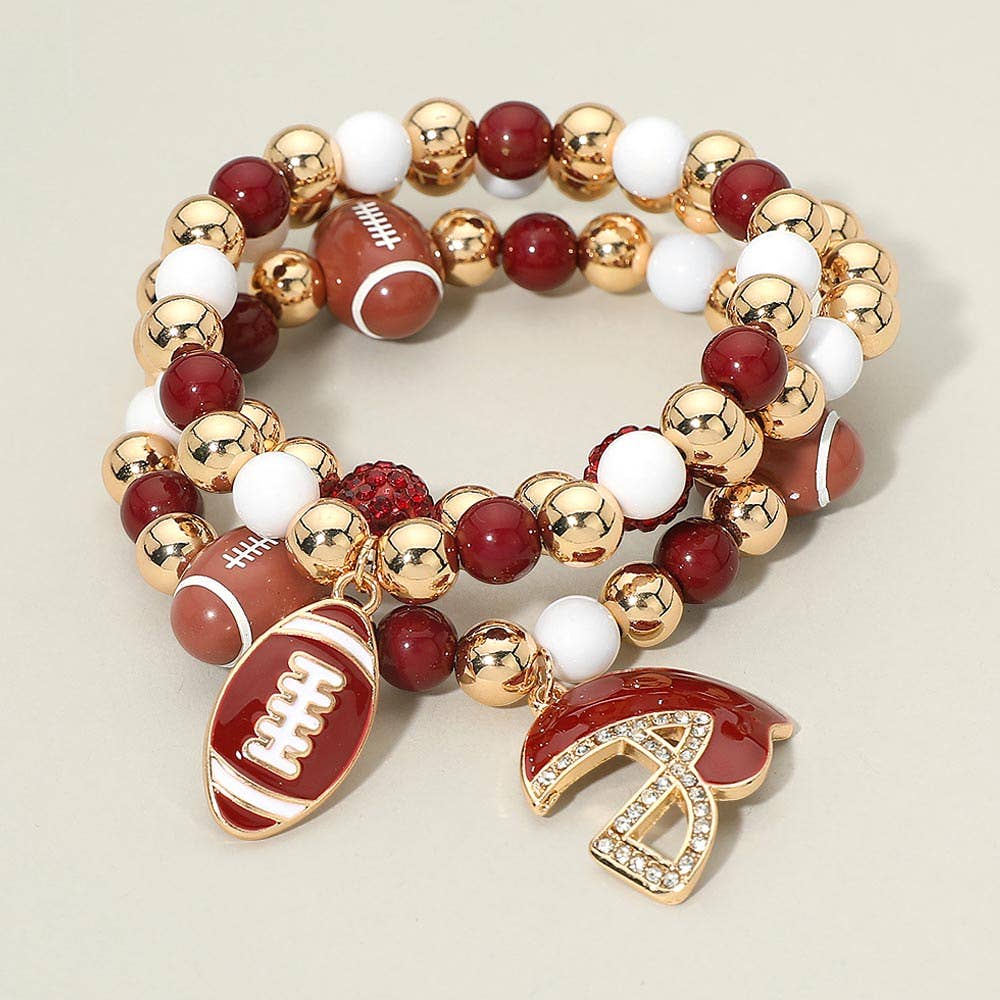 3PCS - Game Day Football Helmet Charm Beaded Stretch Multi Layered Bracelets: Burgundy,Gold,White