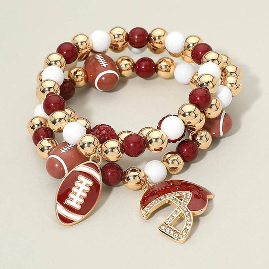 3PCS - Game Day Football Helmet Charm Beaded Stretch Multi Layered Bracelets: Burgundy,Gold,White