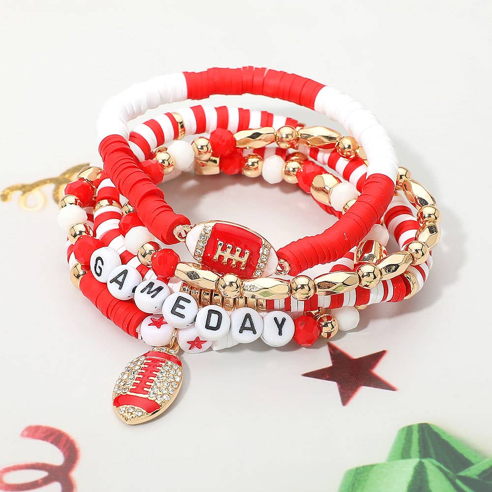 5PCS - GAME DAY Football Charm Heishi Faceted Beaded Stretch Multi Layered Bracelets: Blue,Gold,White