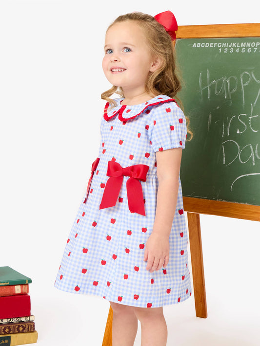 Girls Apple Orchard Gingham Woven Peter Pan Ruffle Bow Short Sleeve Dress: Blue