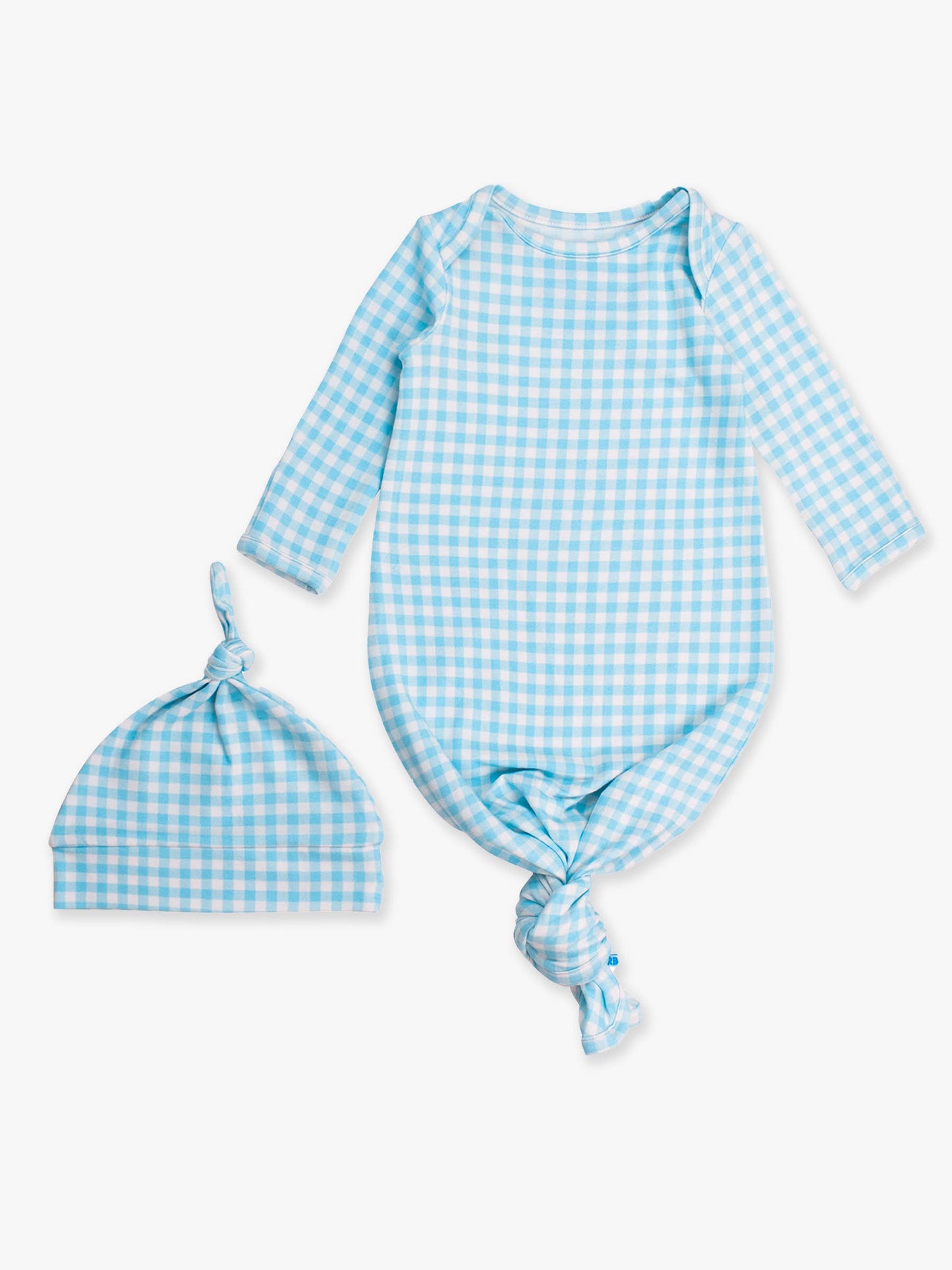 SoftSnooze™ Baby Cotton Modal Blue Breeze Gingham Knotted Sleep Gown & Hat Set: Blue / Newborn-3m
