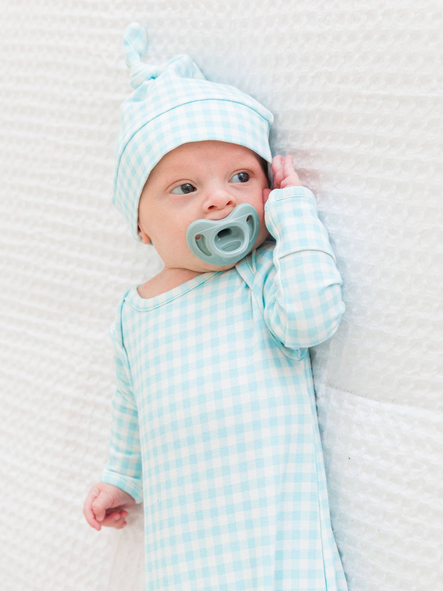 SoftSnooze™ Baby Cotton Modal Blue Breeze Gingham Knotted Sleep Gown & Hat Set: Blue / Newborn-3m