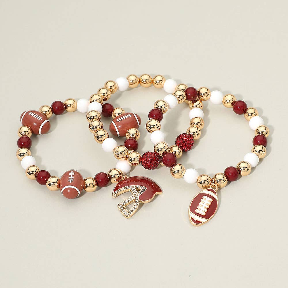 3PCS - Game Day Football Helmet Charm Beaded Stretch Multi Layered Bracelets: Burgundy,Gold,White