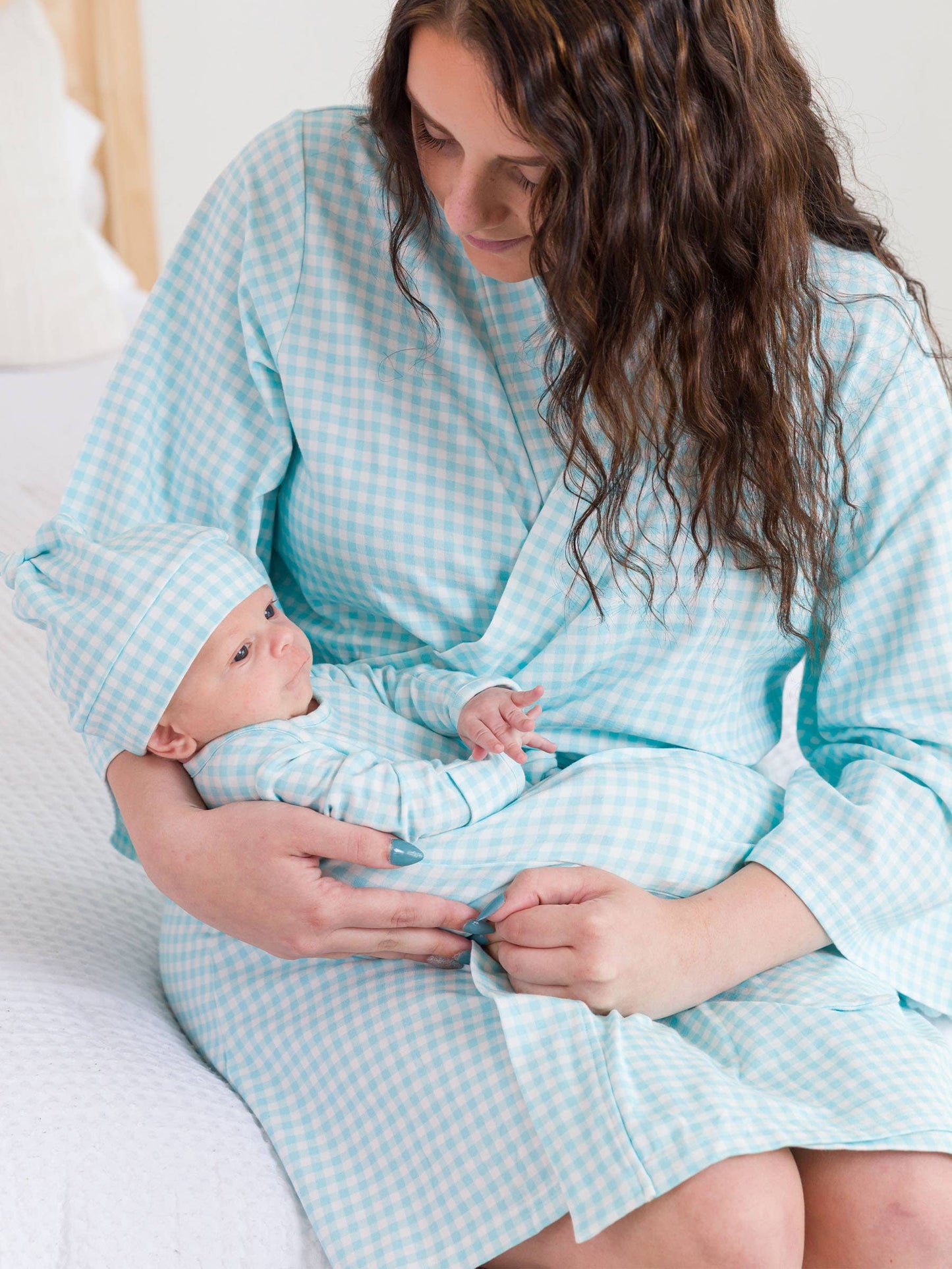 SoftSnooze™ Women's Cotton Modal Blue Breeze Gingham Mommy & Me Maternity Robe: Blue / One Size