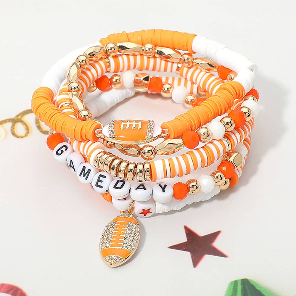 5PCS - GAME DAY Football Charm Heishi Faceted Beaded Stretch Multi Layered Bracelets: Blue,Gold,White